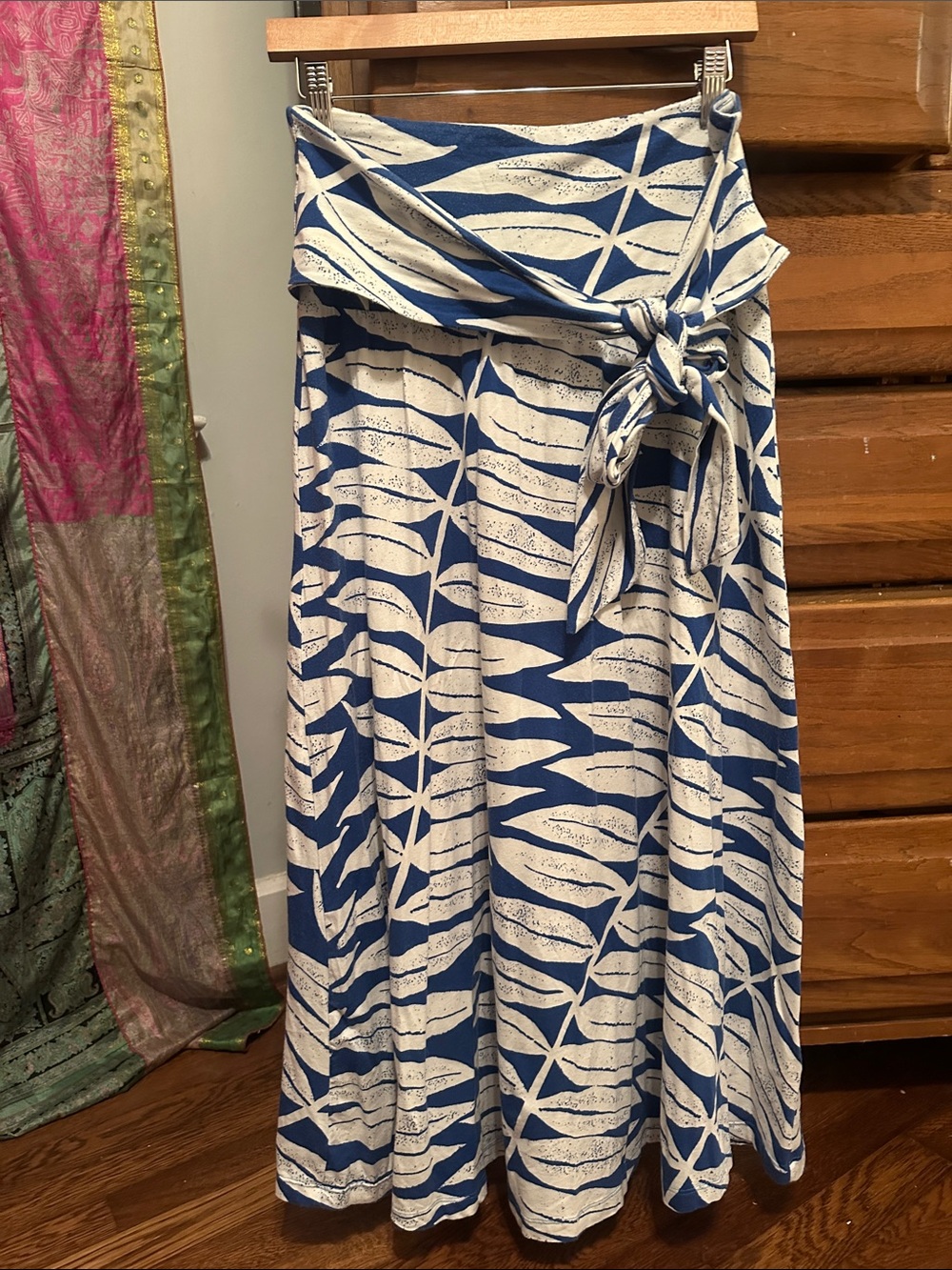 Patagonia Blue and White Printed Tie-Waist Maxi Dress